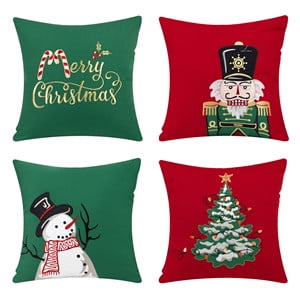 Phantoscope Merry Christmas Cotton Applique Christmas Tree Snowman Decorative Throw Pillow, 18" x 18", Red/Green, 4 Pack