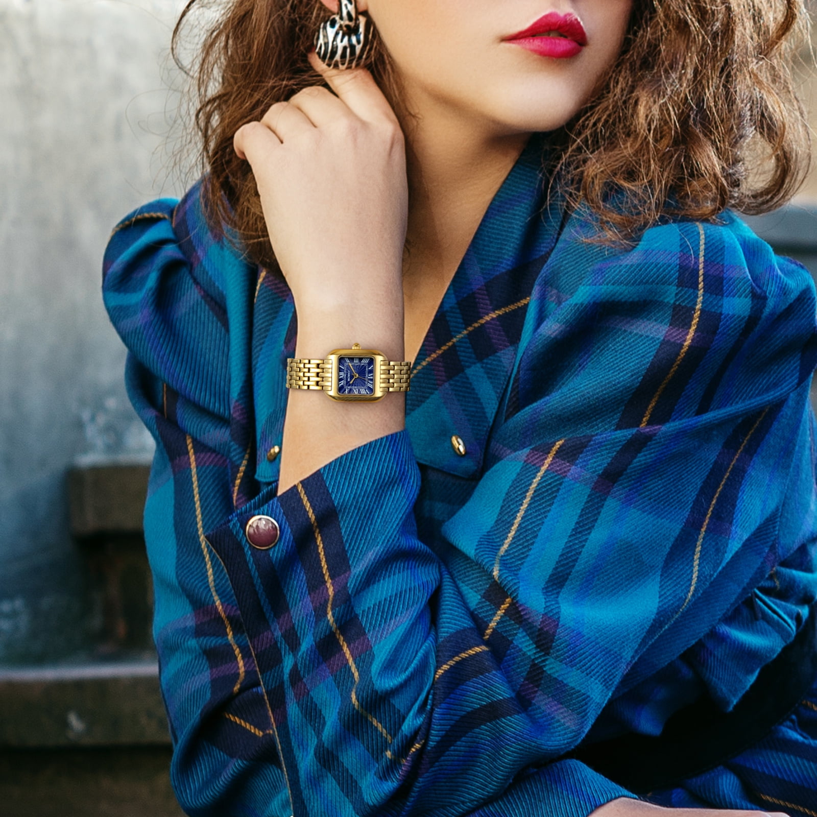 BERNY Gold Watches for Women, Square Dainty Ladies Analog Quartz Watch with Roman Numeral, Stainless Steel Bracelet Watch, Classic Waterproof Women Wristwatch Gift, Blue