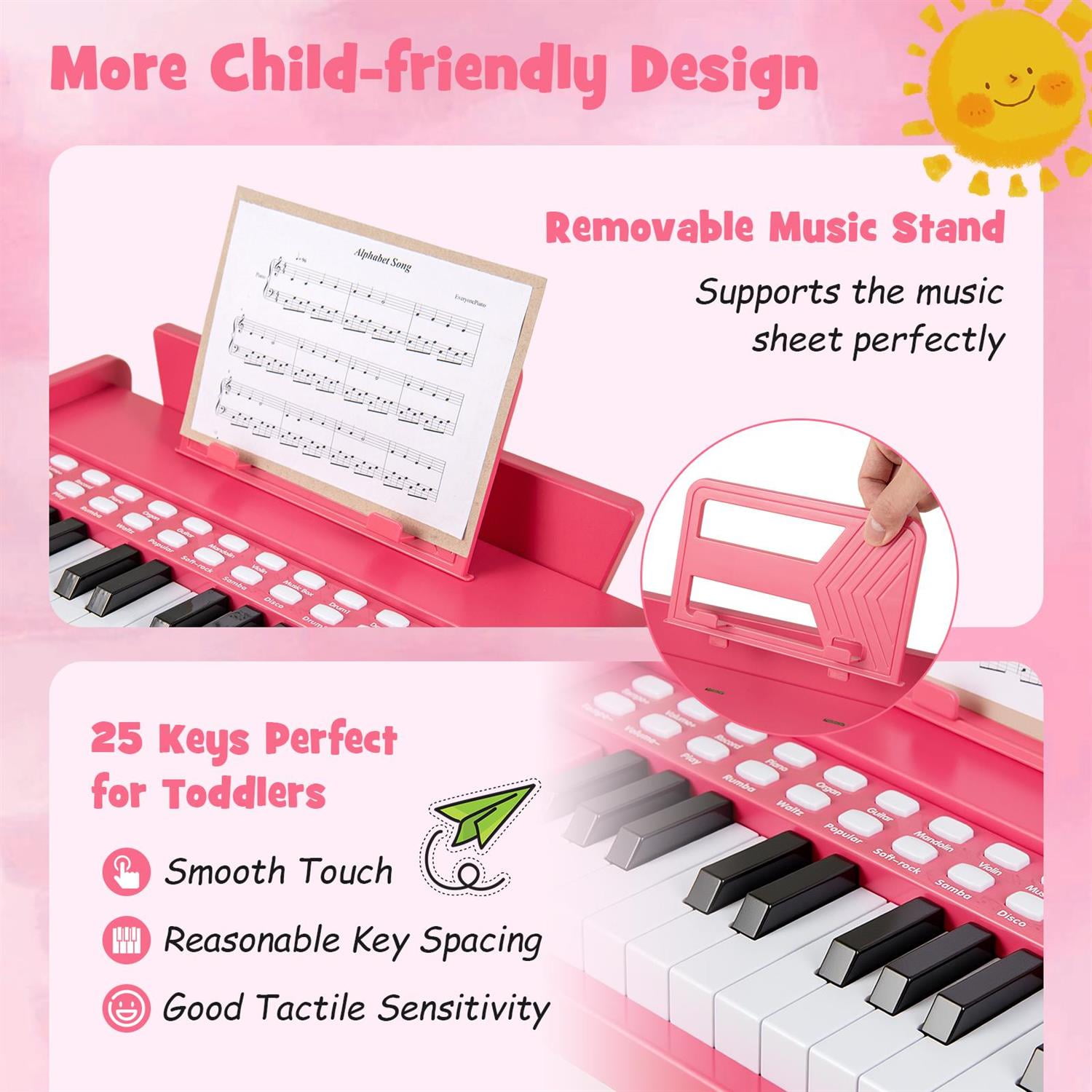 Spaco 25-Key Piano Keyboard, Non-Slip Foot Pads, Adjustable Speed & Volume, Pink