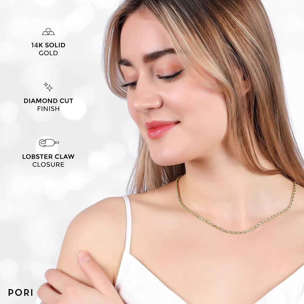 PORI JEWELERS 14K Yellow Gold 1.5MM, 2MM, 2.5MM, 3MM, 4MM, or 5MM Hollow Diamond Cut Rope Chain Necklace - Sizes 16" -30"