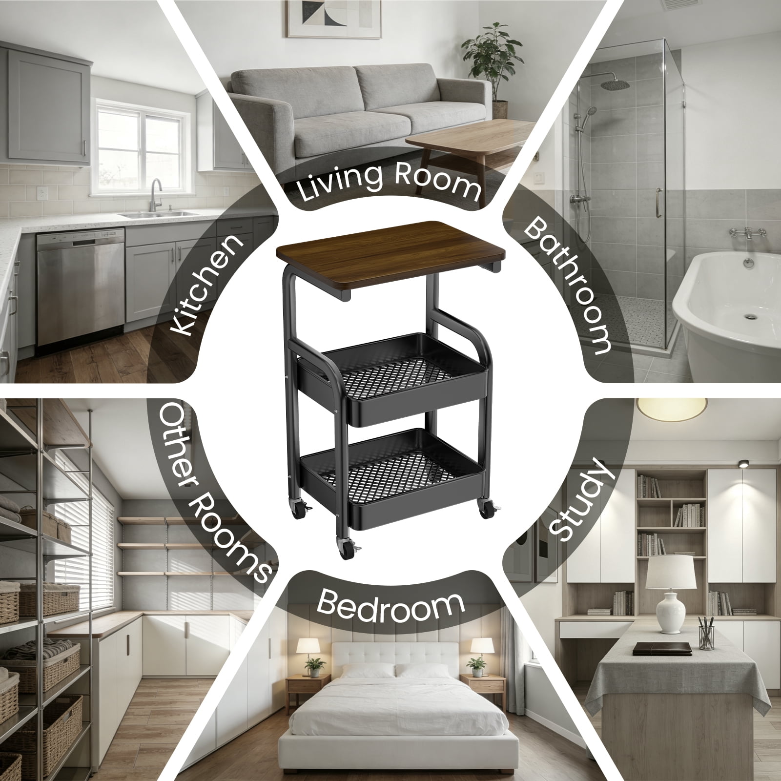 2-Tier/3-Tier Metal Rolling Utility Cart with Walnut Table Top, Lockable Wheels, Mobile Storage Organizer for Kitchen, Coffee Bar, Bathroom & Craft Room