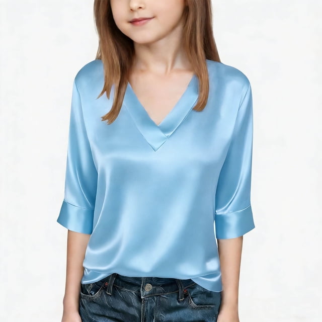 Haut Décontracté à Col en V Uni pour Filles avec Manches Trois-Quarts pour Occasions Spéciales