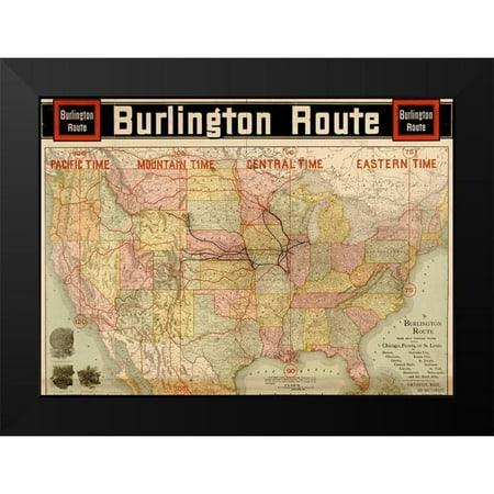 Vintage Maps 14x11 Black Modern Framed Museum Art Print Titled - Burlington Route with Time Zones 1892
