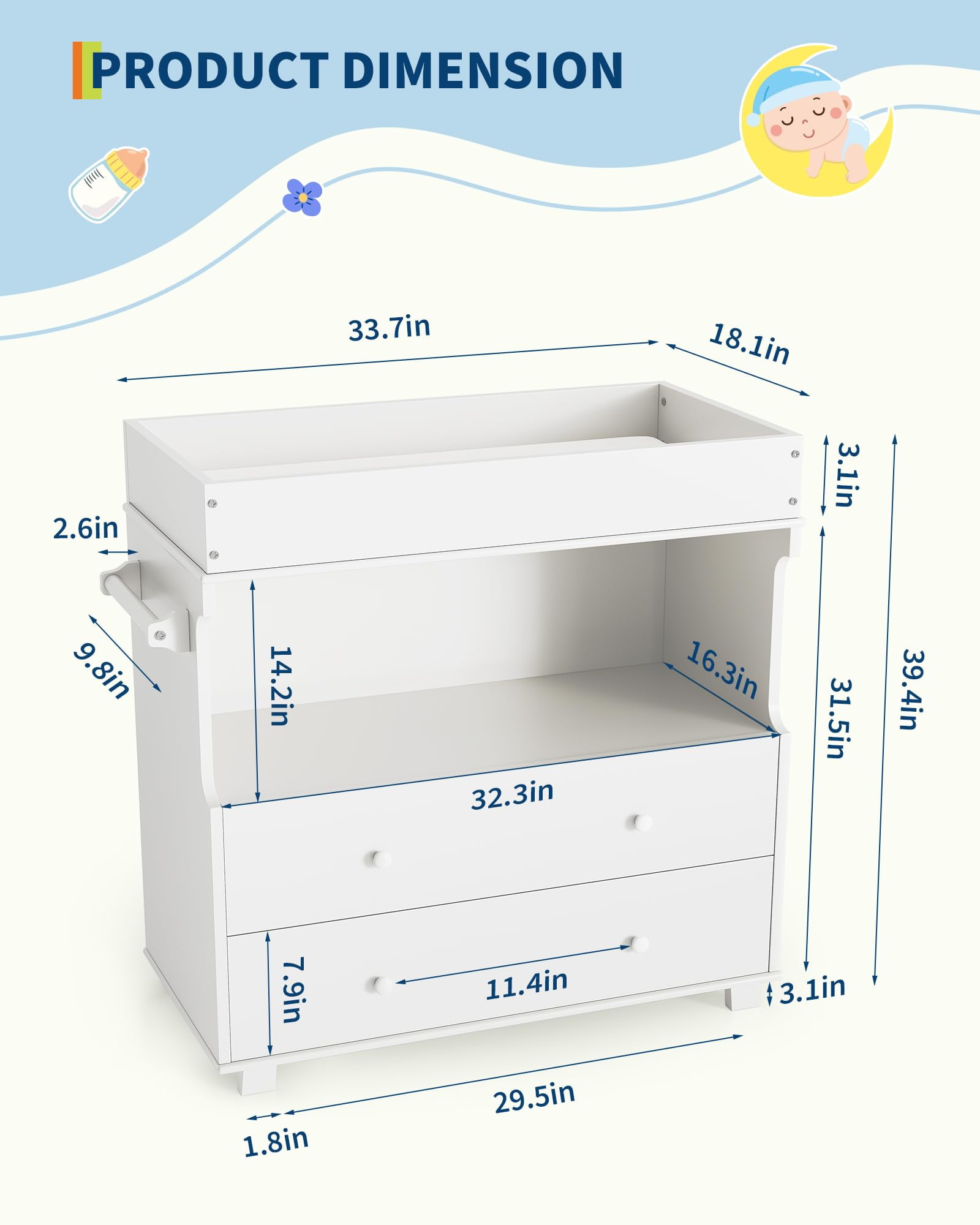 Huisuilinss Changing Table Dresser,Baby Nursery Dresser,Modern Wood Diaper Changing Station With 2 Drawers & Shelves,Multi-Functional Chest Of Drawer For Nursery Room Bedroom Kids Room