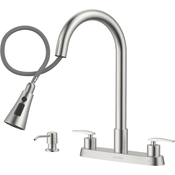 DAYONE 2 Handle Kitchen Faucet with Pull Down Sprayer, 4 Holes Sink Faucets for Kitchen/RV with Soap Dispenser Stainless Steel, Brushed Nickel