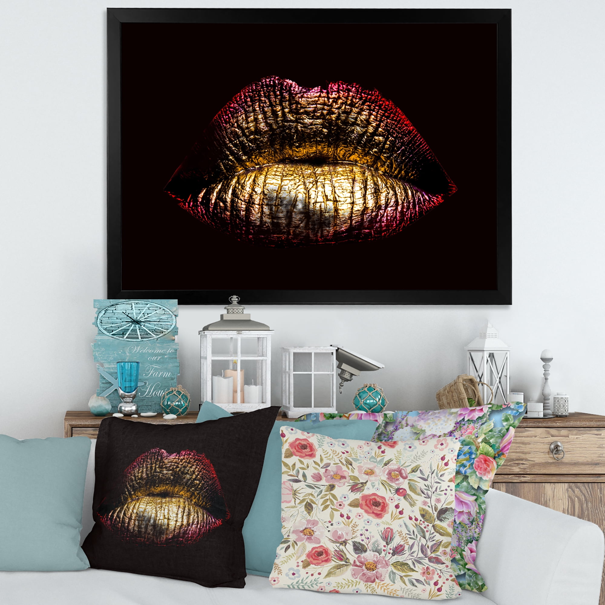 Designart 'Sexy Golden Metallized Woman Lips IV' Modern Framed Art Print