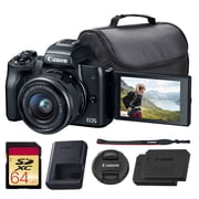 Canon EOS M50 Mirrorless Camera with 15-45mm Lens (Black) | 24.1MP APS-C Sensor, Dual Pixel CMOS AF, 4K Video & Vari-Angle Touchscreen | For Vlogging & Content (2680C011) + 64GB Card + Bag + Battery