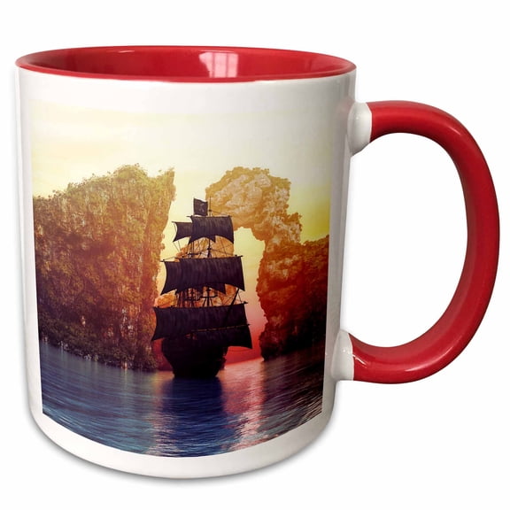 3drose, a Magnificent Pirate Ship Anchored Off an Island Group by the Sunset, 15oz Two-tone Red Mug