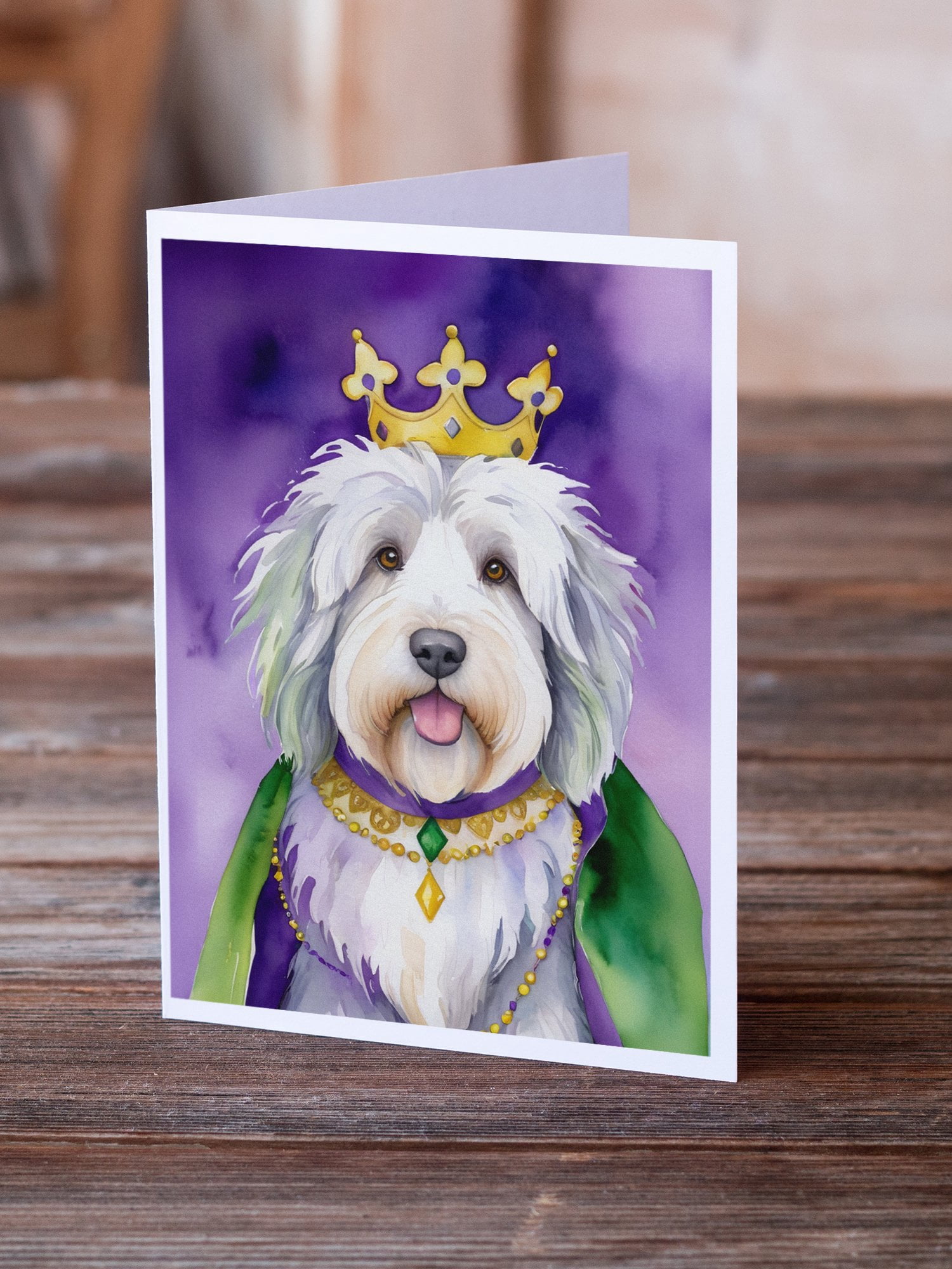 Old English Sheepdog King of Mardi Gras Greeting Cards Pack of 8 7 in x 5 in