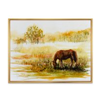 Designart 'Horse Eating Grass On A Meadow' Farmhouse Framed Canvas Wall Art Print