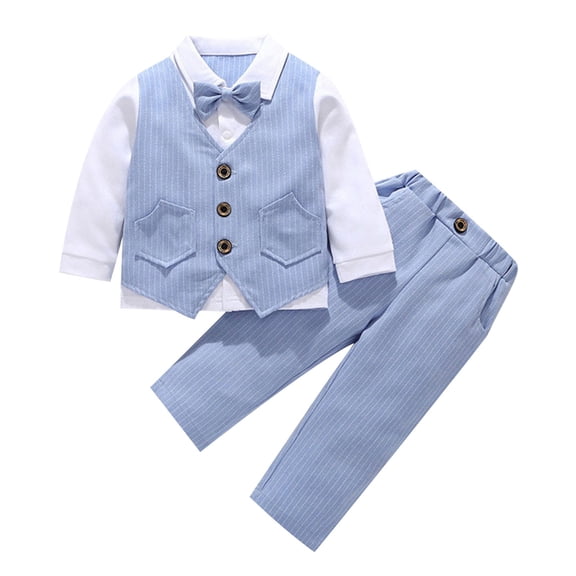 ZToonmas 6M-10Y Boys Striped Vest Suit 3 Piece Outfit Long Sleeve Shirt with Bow Tie and Pants Formal Set for Kids Piano Performance Wedding Flower Boy Wear