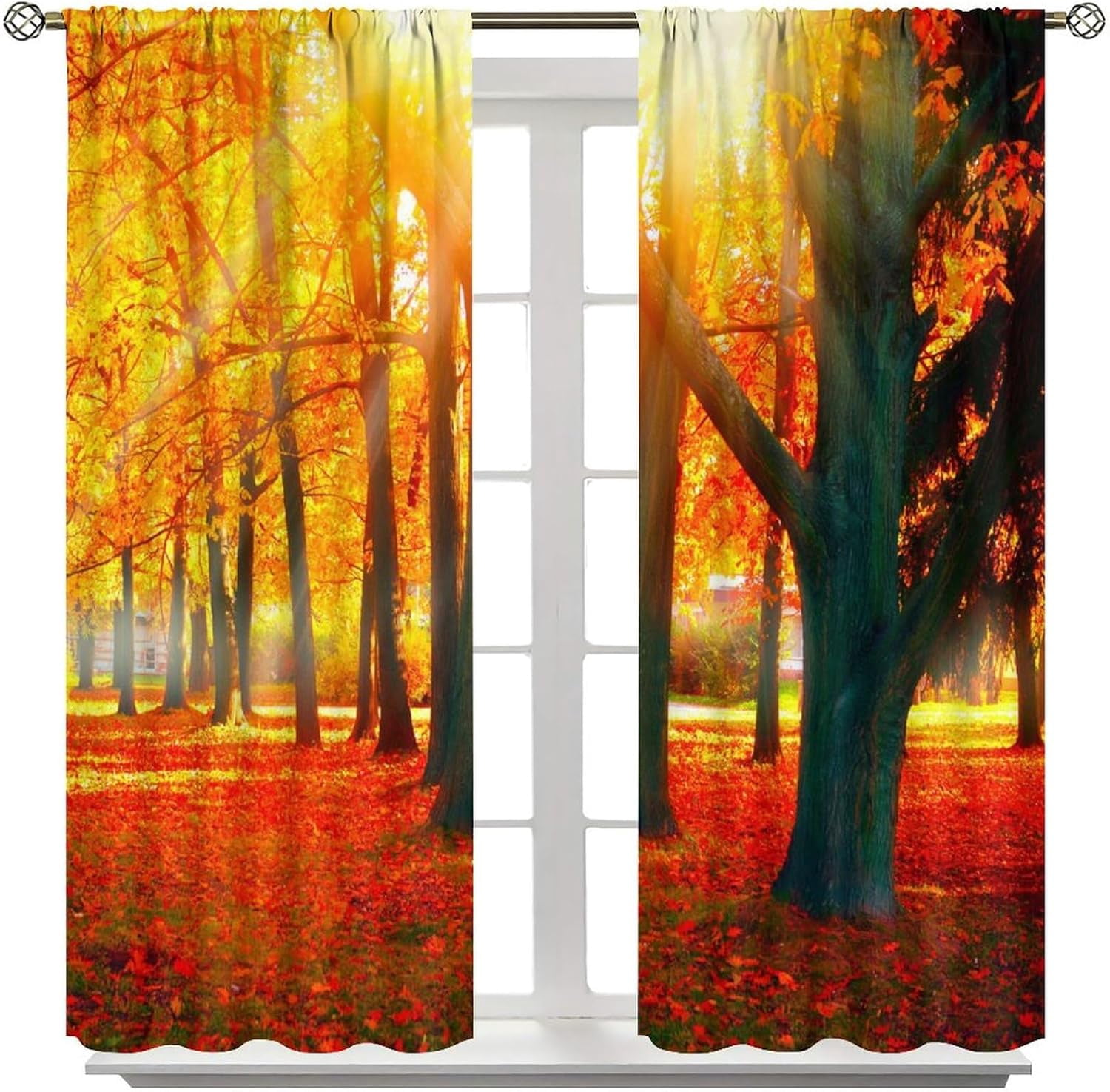 Natural Landscape Blackout Curtains, Forest Sunset Maple Leaf Lawn Woodland Pattern Printed Curtains for Bedroom Living Room Insulation Curtains 52x84 Inches