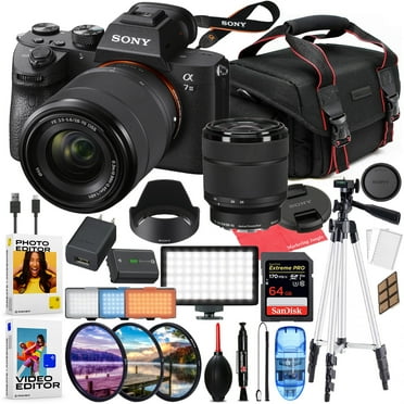 Sony a7 III Mirrorless Camera with 28-70mm Lens Bundled Kit   Accessory Package with LED Video Light, HD Filters, 64GB Extreme SD, Case, & Editing Software Package