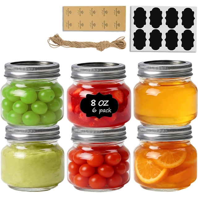 8 oz Regular Mouth Mason Jars,6Pcs Glass Jars for Home Cooks Making Jam and Jelly, and Crafters Creating DIY Candles and Party Favors, Canning Jar with Lids and Rings,Includes Labels & Twine
