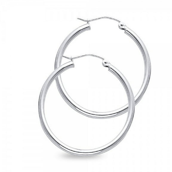 Classic Round Hoop Earrings Solid 14k White Gold Plain Design Polished Finish Ladies 30 x 2 mm