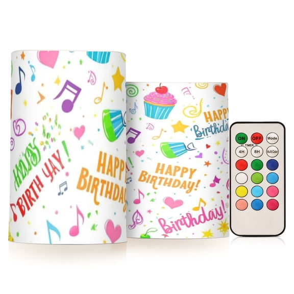 Happy Birthday Flickering Flameless Candles Battery Operated with Remote Timer LED Pillar Candles Set of 2