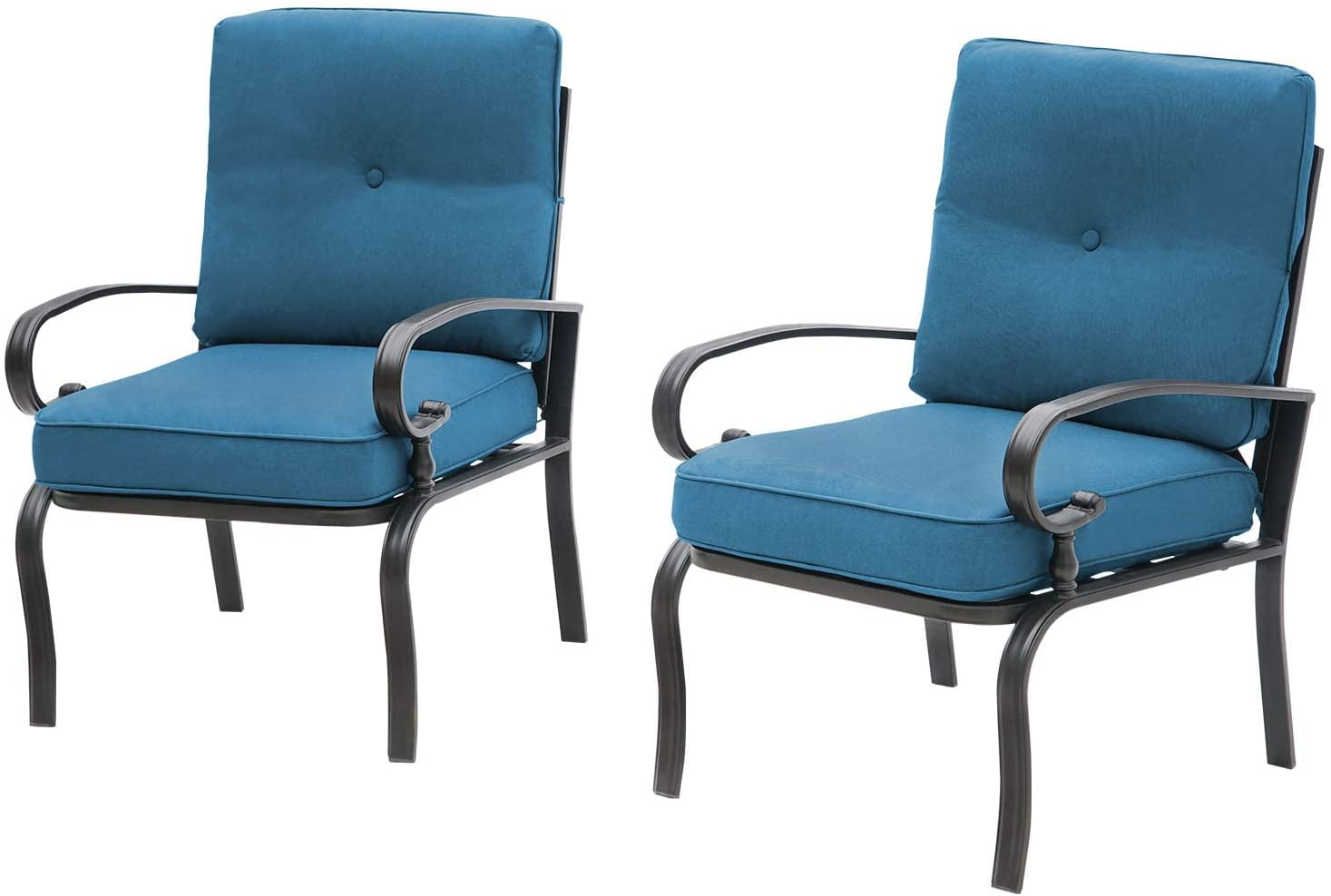 SUNCROWN Patio Chairs Outdoor Wrought Iron Dining Chairs with Peacock Blue Cushions, Set of 2