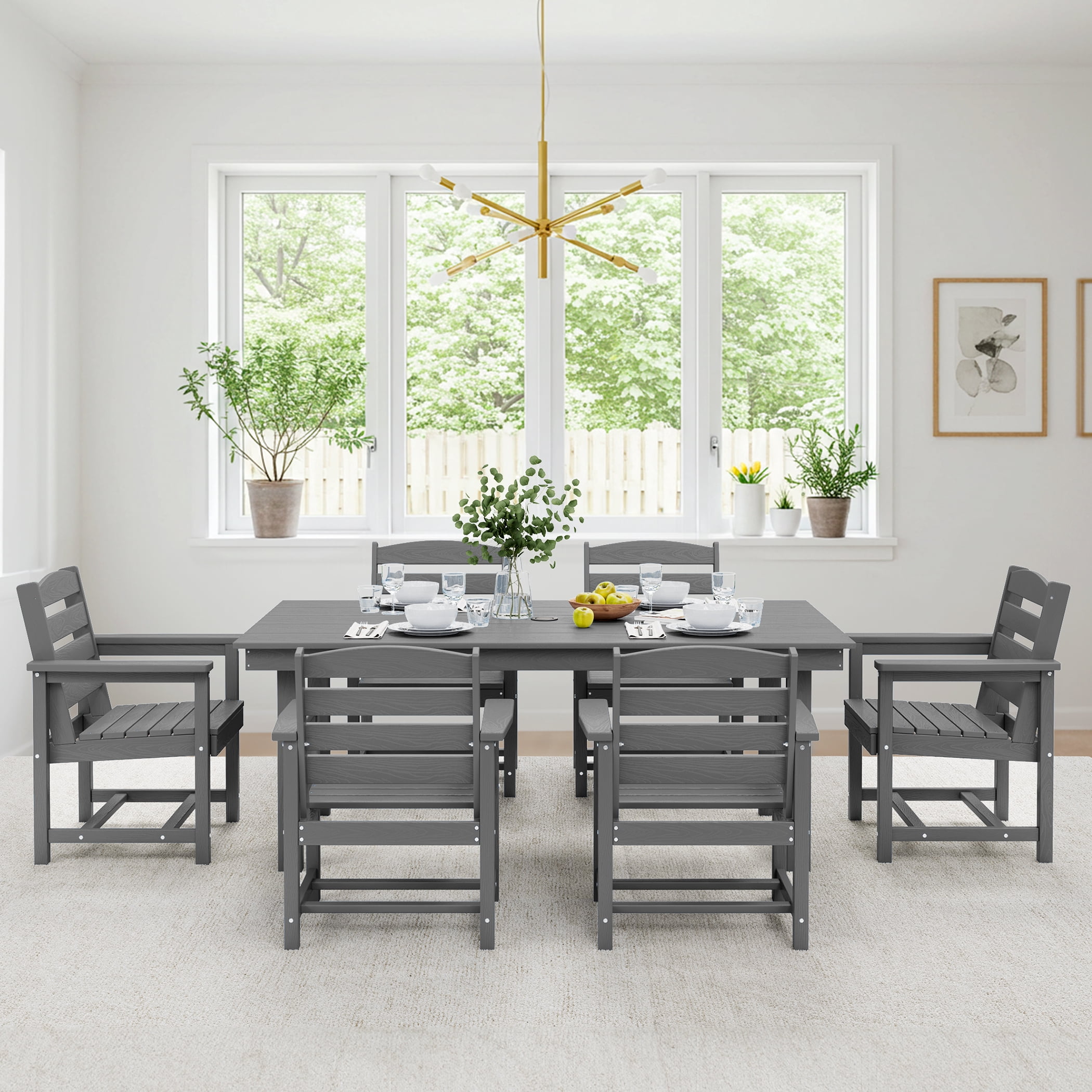 SERWALL Outdoor HDPE Dining Table Set, 7-Piece Outdoor Dining Table Sets with Umbrella Hole, Grey