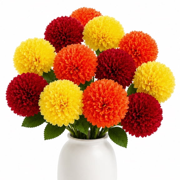 Artificial Fall Mums Flowers Orange Marigold Mums Silk Faux Flowers for Harvest Festival Thanksgiving Fall Home Decor, 12 Pcs