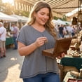 thumbnail image 3 of GRACE & GRANDEUR Women's Plus Size Tops Vertical Stripe V Neck Short Sleeve Blouses Drop Shoulder Top 1X Blue Gray, 3 of 7
