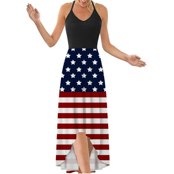 WISEFIN Women American Flag Print Patchwork Irregular Hem Halter Slip Dress