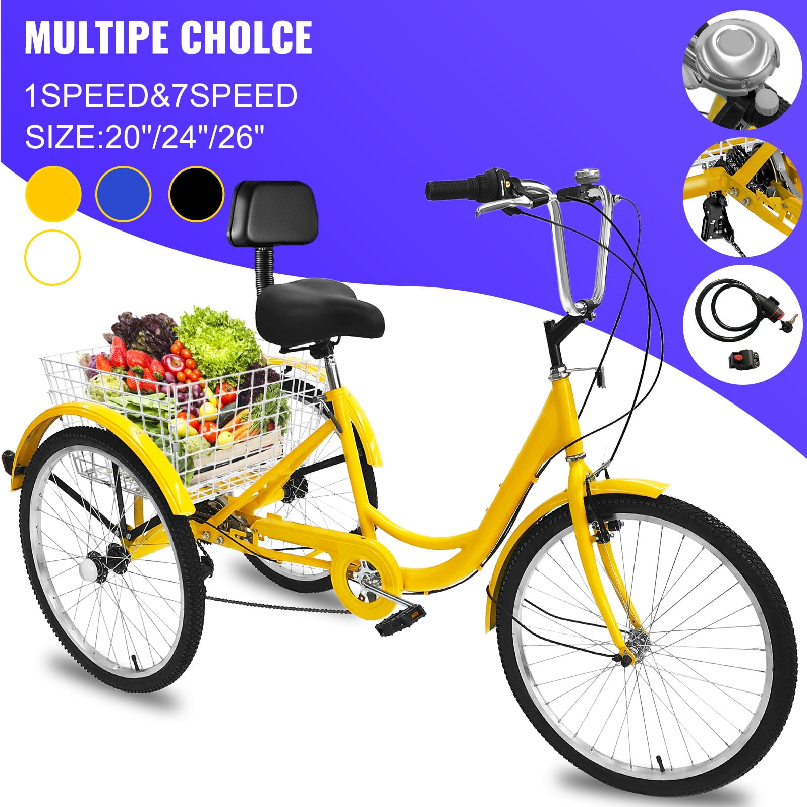 VEVOR Adult Tricycle Single Speed 7 Speed Three Wheel Bike Cruise Bike
