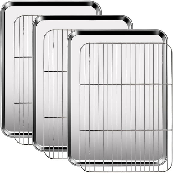 Baking Sheet with Rack Set (3 Pans   3 Racks) Bakeware，Stainless Steel Cookie Sheet with Cooling Rack, Nonstick Baking Pan, Warp Resistant Baking Tray with Grill