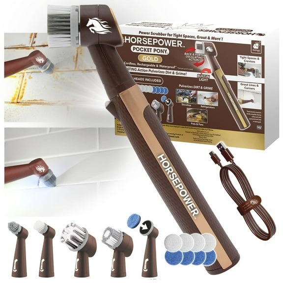 Horsepower Pocket Pony GOLD, AS-SEEN-ON-TV, Waterproof, Cordless, Pocket Size, Oscillating Power Scrubber, Deep Clean, Tight Spaces, Rechargeable, Grout Lines, Corners & Detailing,5 Brush Heads & LED