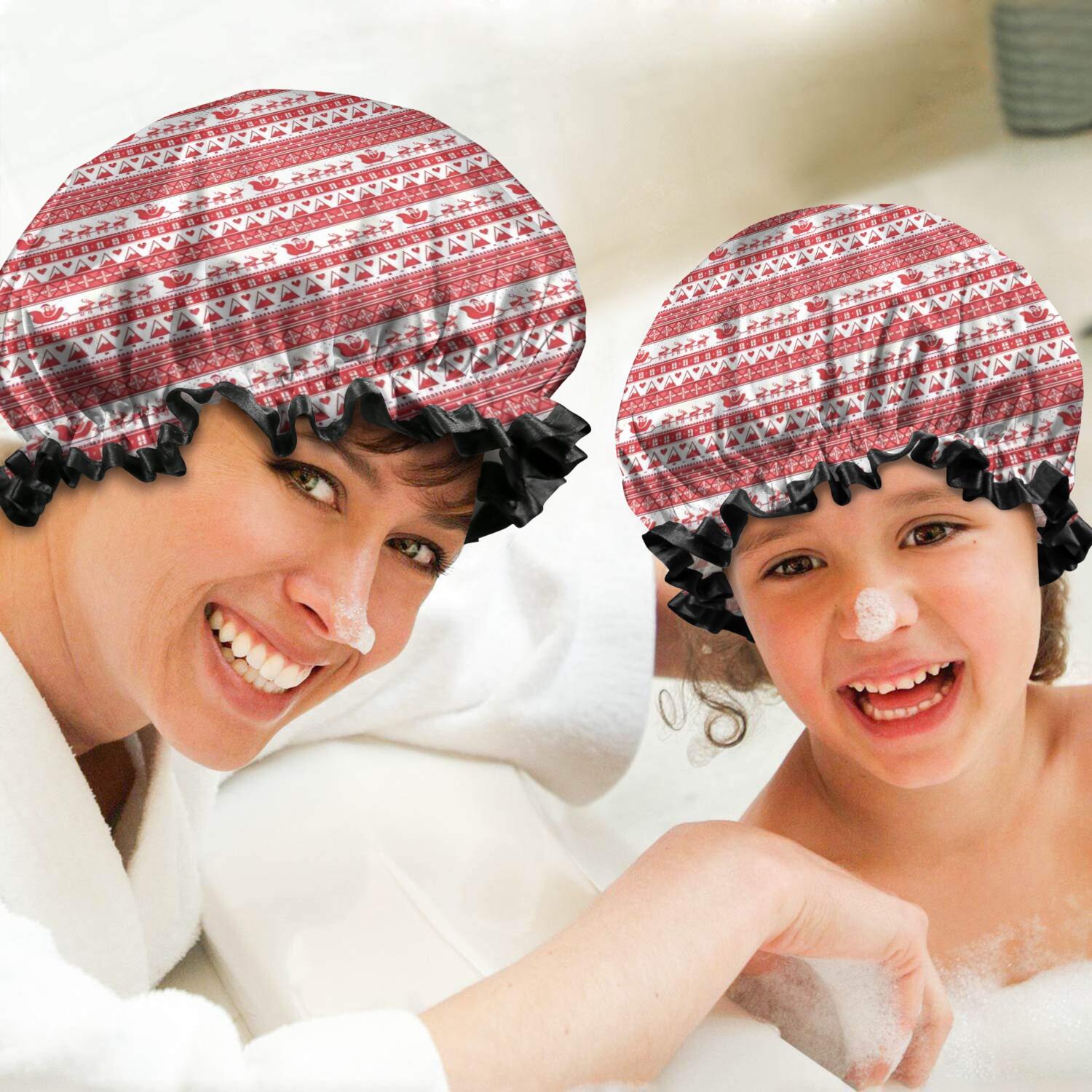 Shower Caps,Red Christmas Striped Pattern (2) Waterproof Shower Cap for Women 4 Pieces,Double Reusable Hair Cover for Shower PEVA Elastic Stretch Hem
