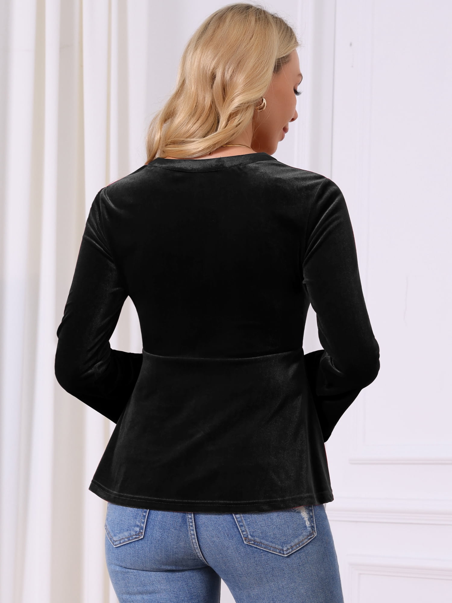 DARING DIVA Women's Velvet V Neck Long Sleeve Babydoll Peplum Top S Black