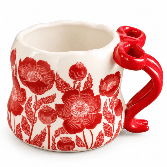 Red Poppy Floral Ceramic Mug with 3D Bow Handle, 12oz/350ml, Dishwasher Safe, Cute Coffee Cup for Women & Gifts