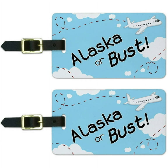 Alaska or Bust Flying Airplane Luggage Suitcase Carry-On ID Tags, Set of 2