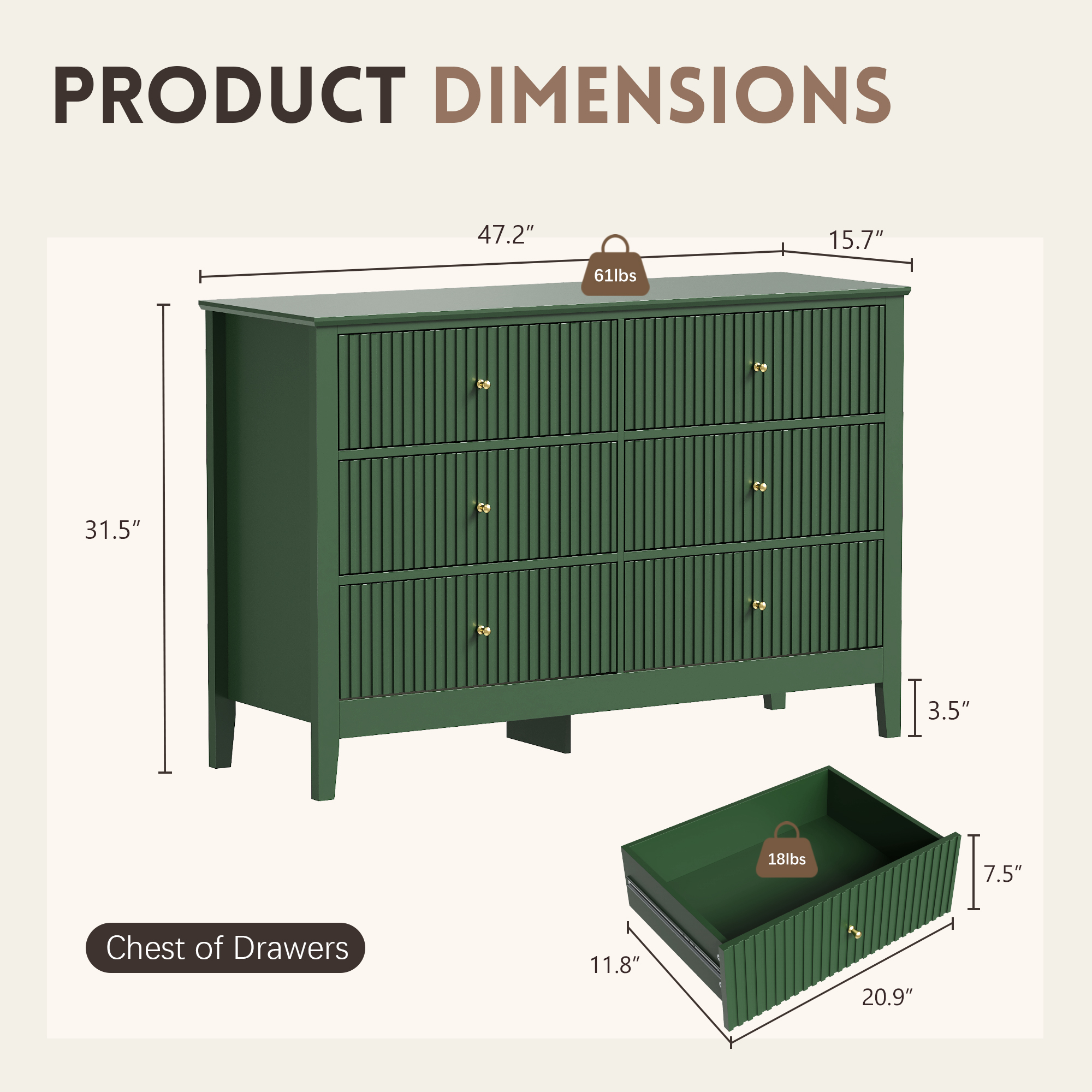 Modern Fluted Chest of Drawers with Storage,6 Drawers Storage Dresser with Paint Design,Wood Drawer Organizer Dressers for Bedroom, Hallway, Entryway,Green