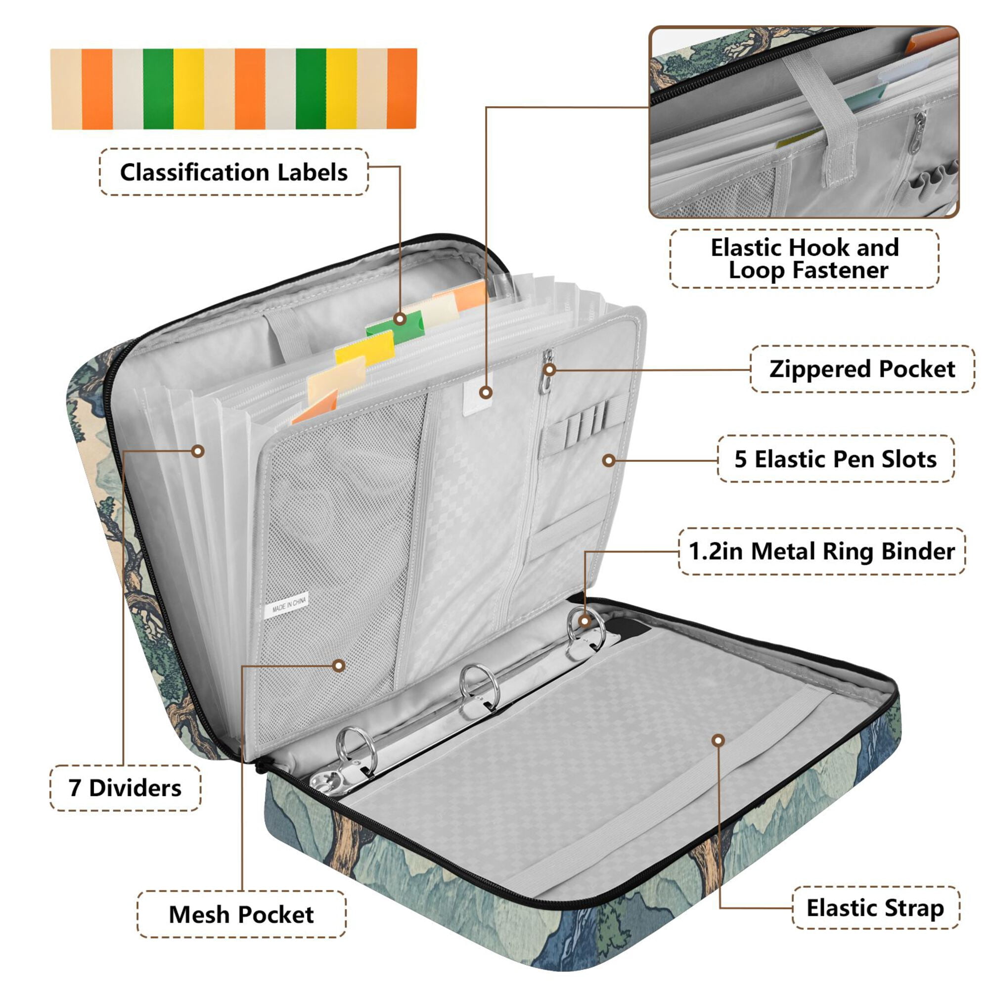 FORMRS Accordion File Folder A4 Size 7-Pocket Expanding Document Organizer Bag with 3 Ring Binder, Tree in The Mountains