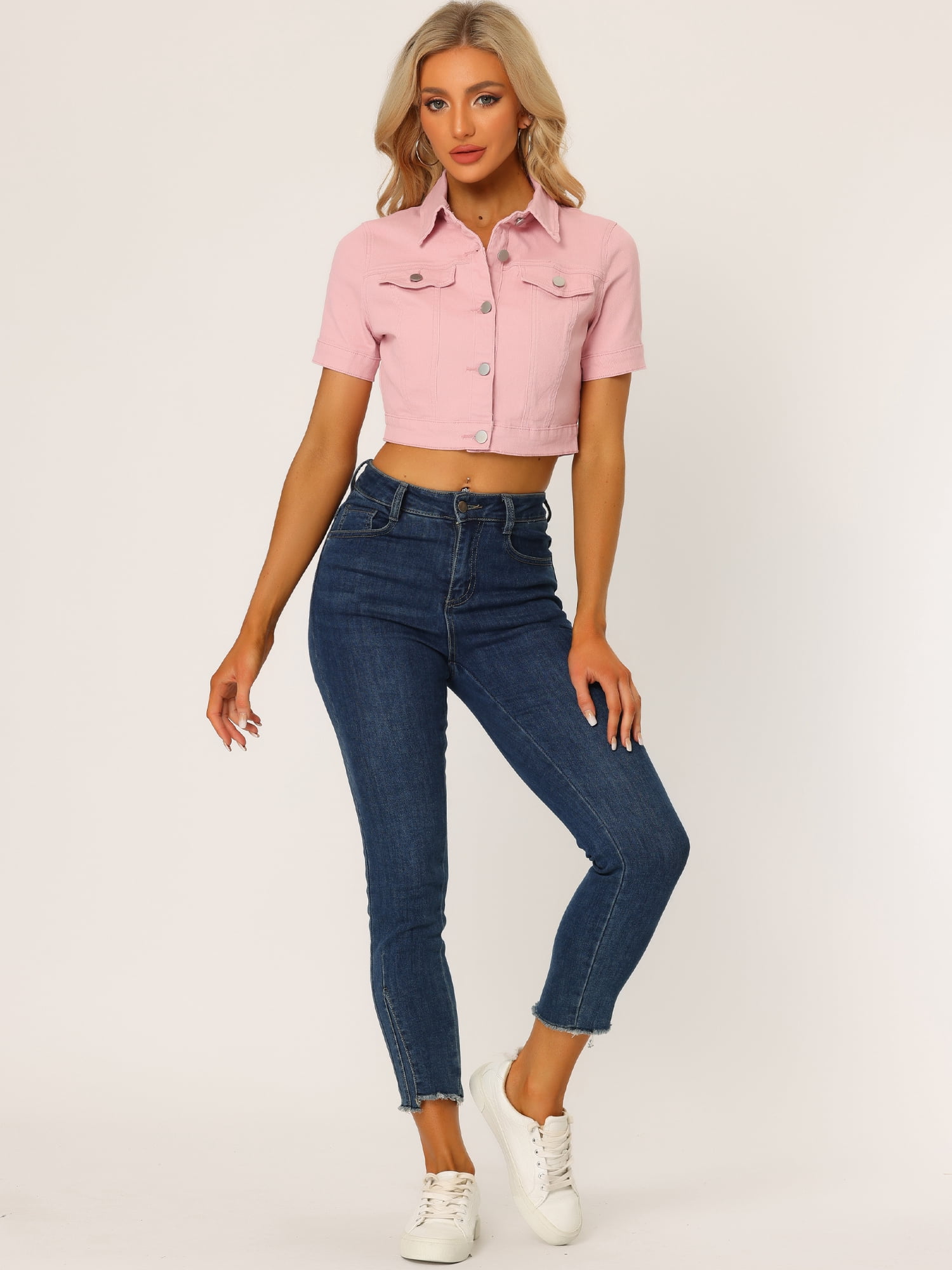 DARING DIVA Women's Short Sleeves Crop Button Down Denim Jacket L Pink