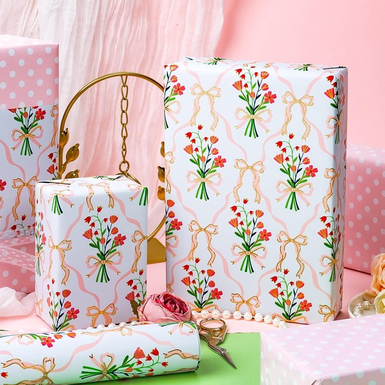 HOMERAL Reversible Floral Bow Wrapping Paper, Metallic Gold, 17"x32.8' photo 2