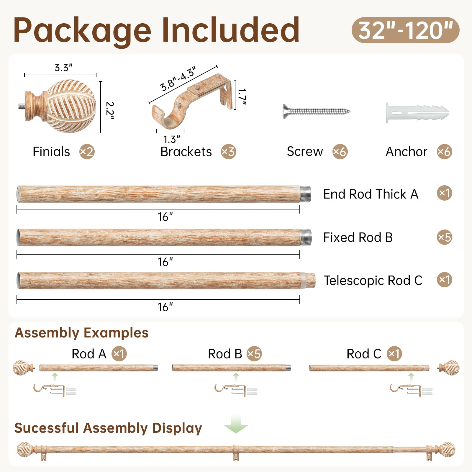 NewBuros Adjustable Wood Curtain Rod, 32 to 120 Inch, 1" Diameter Heavy-Duty Indoor Curtain Rod, Sturdy Rust-Proof with Wood Grain Leaf Pattern, Brown