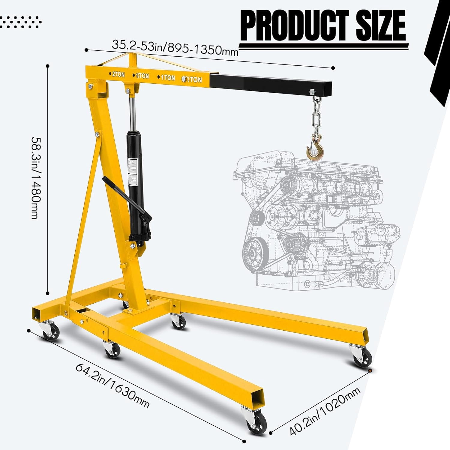 Lumiparty 2T Engine Hoist, Heavy Duty Cherry Picker Shop Crane 4000LB Folding Hydraulic Engine Lift w/ 6 Casters for Garage Workshop Warehouse, Yellow