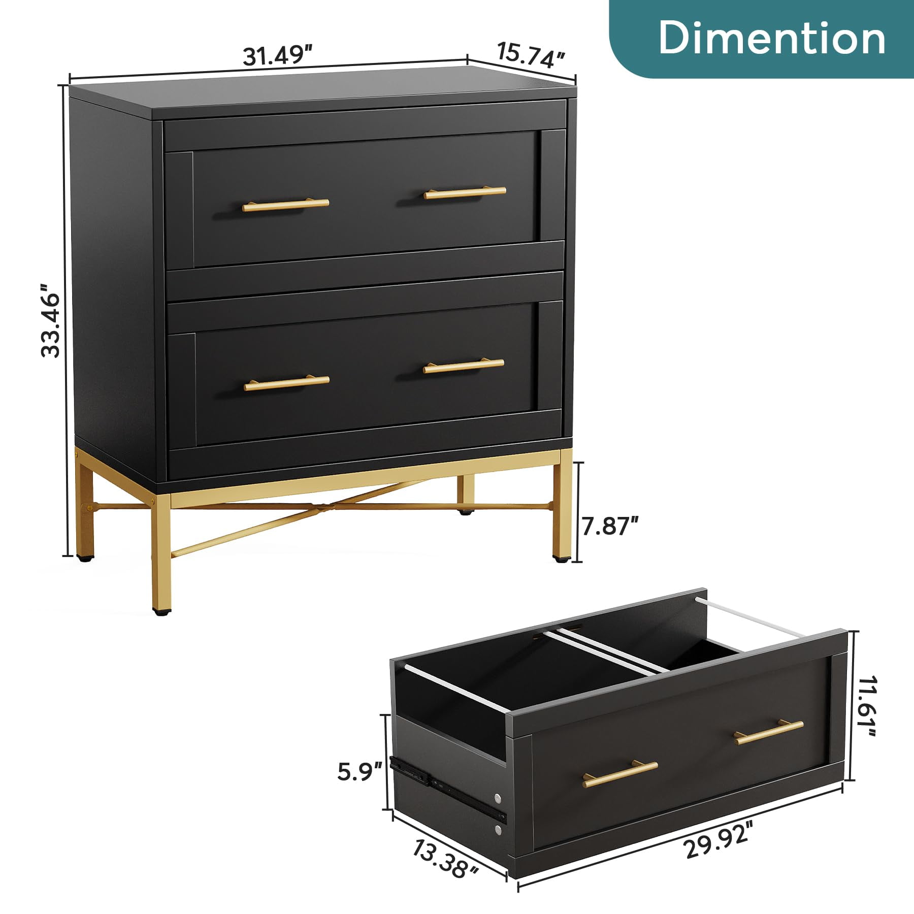 Tribesigns 2 Drawer File Cabinet, Modern Lateral Filing Cabinet for Letter/Legal/A4, Large Printer Cabinets,Black, Gold and Brown