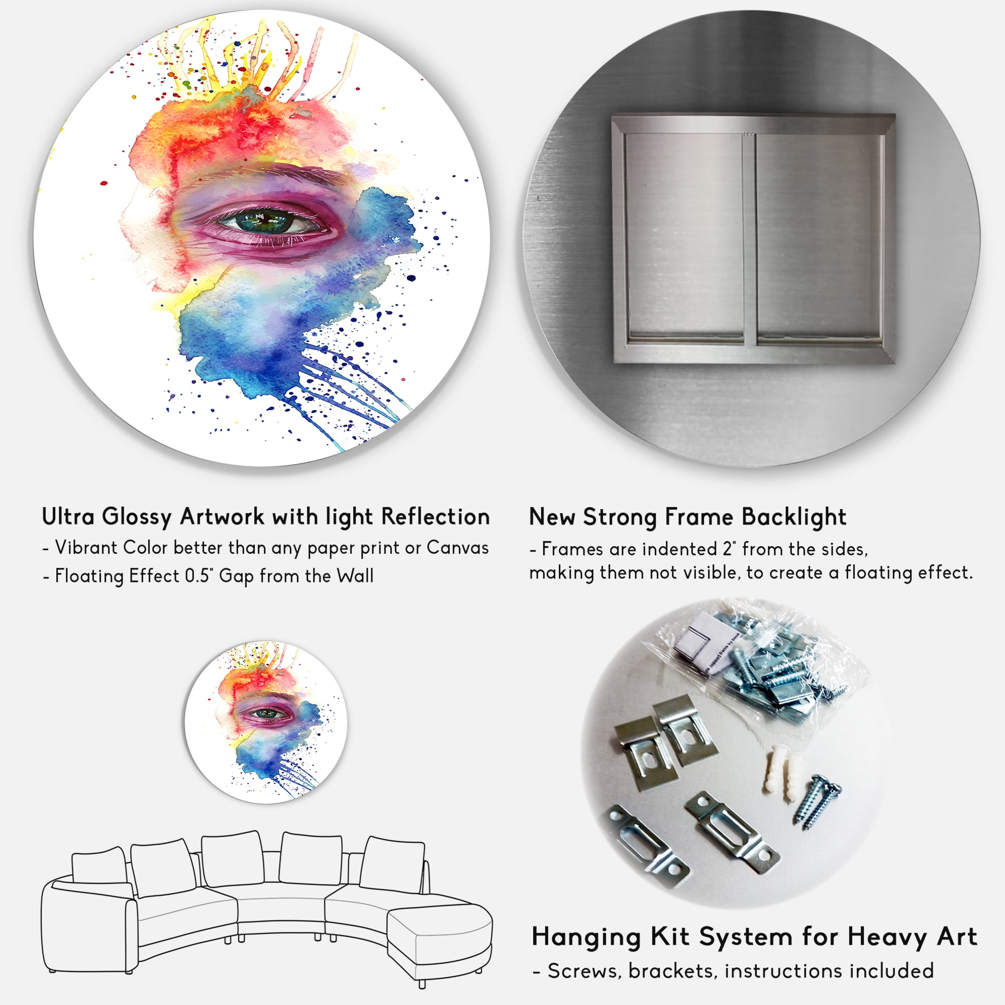Designart 'Detail of Eye In Rainbow-Colored Face Portrait' Bohemian & Eclectic Circle Metal Wall Art 36x36 - Disc of 36