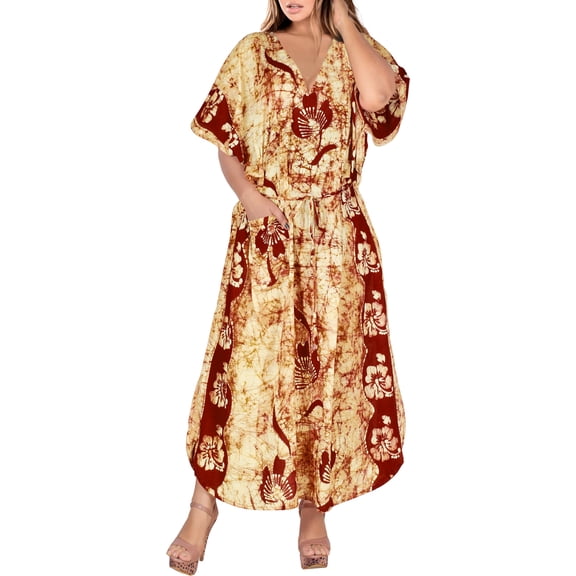 LA LEELA Women's Summer Pocket Nightgown Batik Caftan for Womens Sleepwear Long House Loungewear Dashiki Dress Plus Size 2X-3X Hibiscus, Brown
