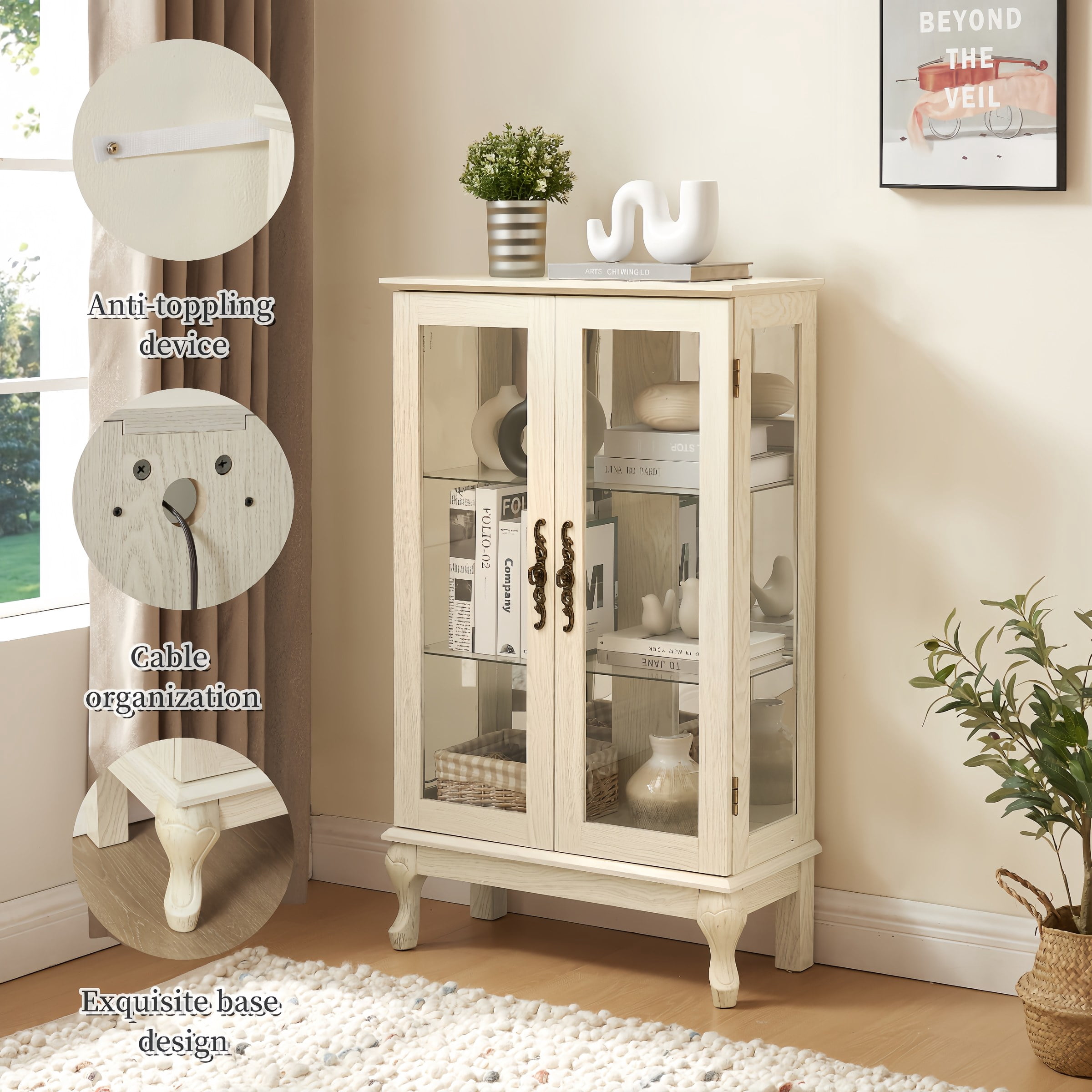 2-Door Curio Cabinet with Tempered Glass Doors, Mirrored Back Panel, Adjustable Shelves, Lighted Display Cabinet, White