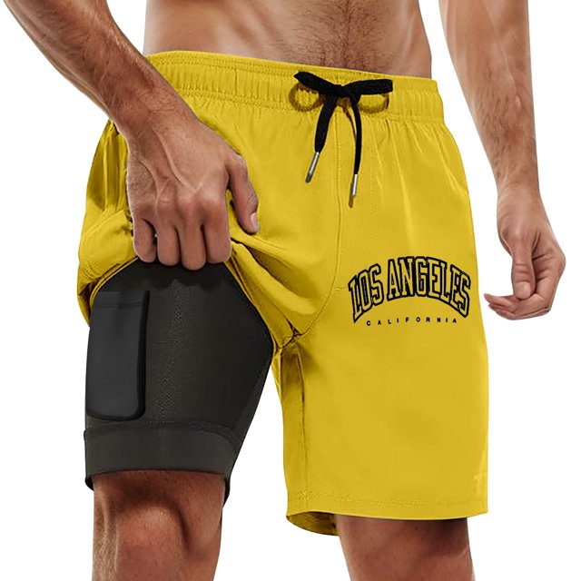 Mens Shorts Swim Trunks Compresssion Liner Inseam Board Shorts Bathing Suit With Pockets Men's Athletic Shorts Yellow L