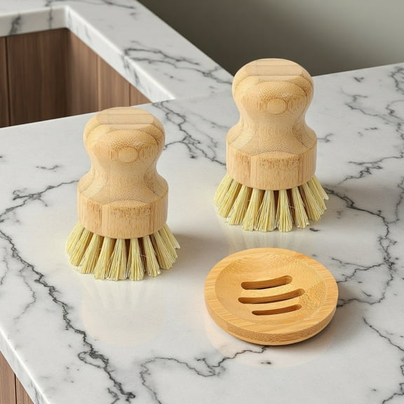 Bamboo Dish Brush Set of 3 with Soap Holder - Eco-Friendly Kitchen Cleaning Tools for Pots, Pans & Sinks