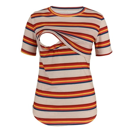 

UMfun Maternity O-Neck StripeShort Sleeve Breast-Feeding Pregnant Woman Nursing Blouse