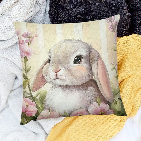 PRATYUS Easter Bunny Pillow Covers Spring Floral Decorative Pillowcase Cute Rabbit Linen Cushion Case Pink Plaid Throw Pillow Covers for Sofa Patio Outdoor 18x18in