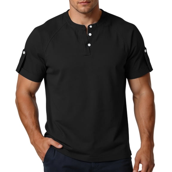LEKWK Mens Henley T Shirt Short Sleeve Button Placket Raglan Shoulder Sleeve Tab Detail Lightweight Stretch Casual Workout Travel Daily Summer Tops Shirts Tees Black S