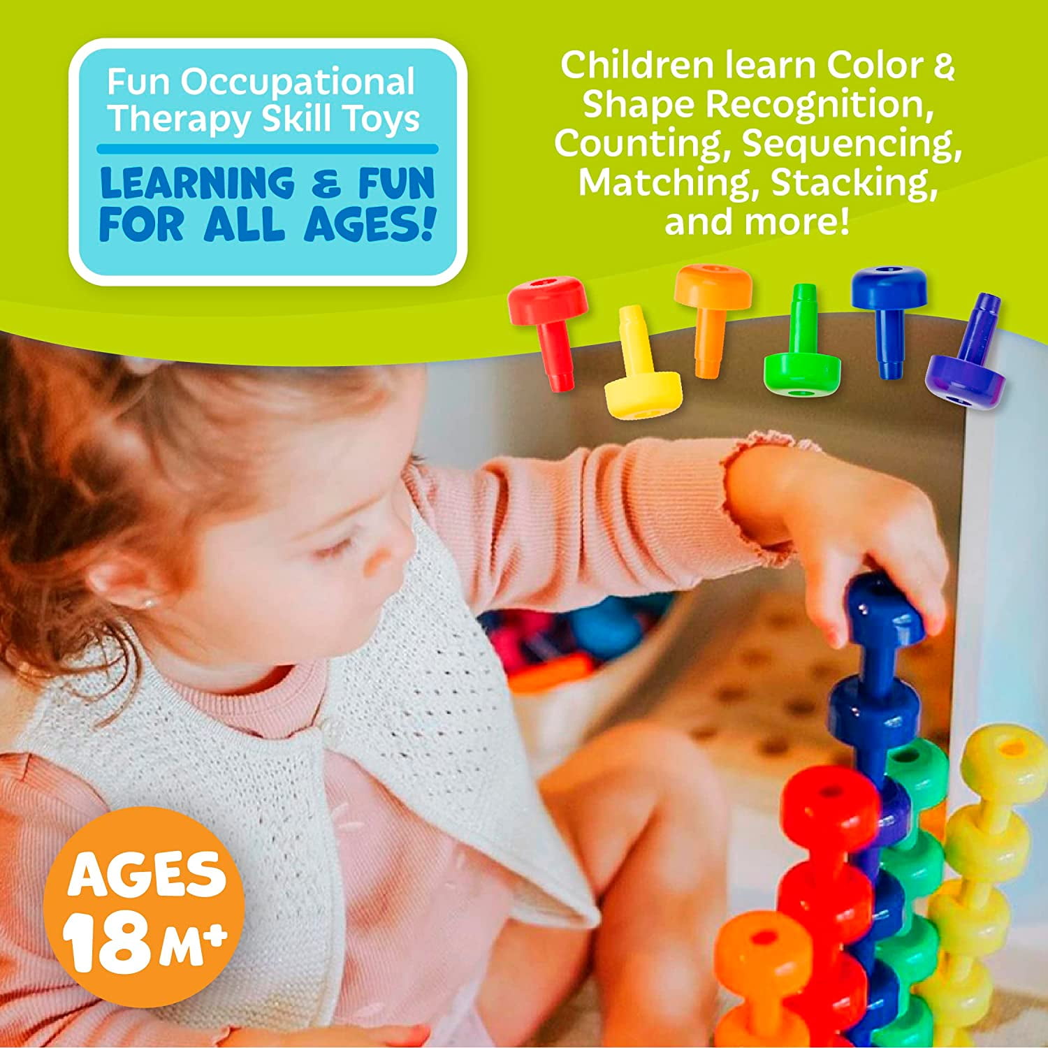 Skoolzy Stacking Toddler Peg Board 38 Piece Set - Sorting & Stacking Games  Color Matching & Shape Recognition Toy for Toddlers & Preschoolers, Age 3+
