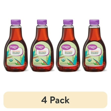 (4 pack) Great Value Organic Raw Amber Blue Agave Sweetener Sugar Substitute Shelf-Stable 23.5 oz Bottle
