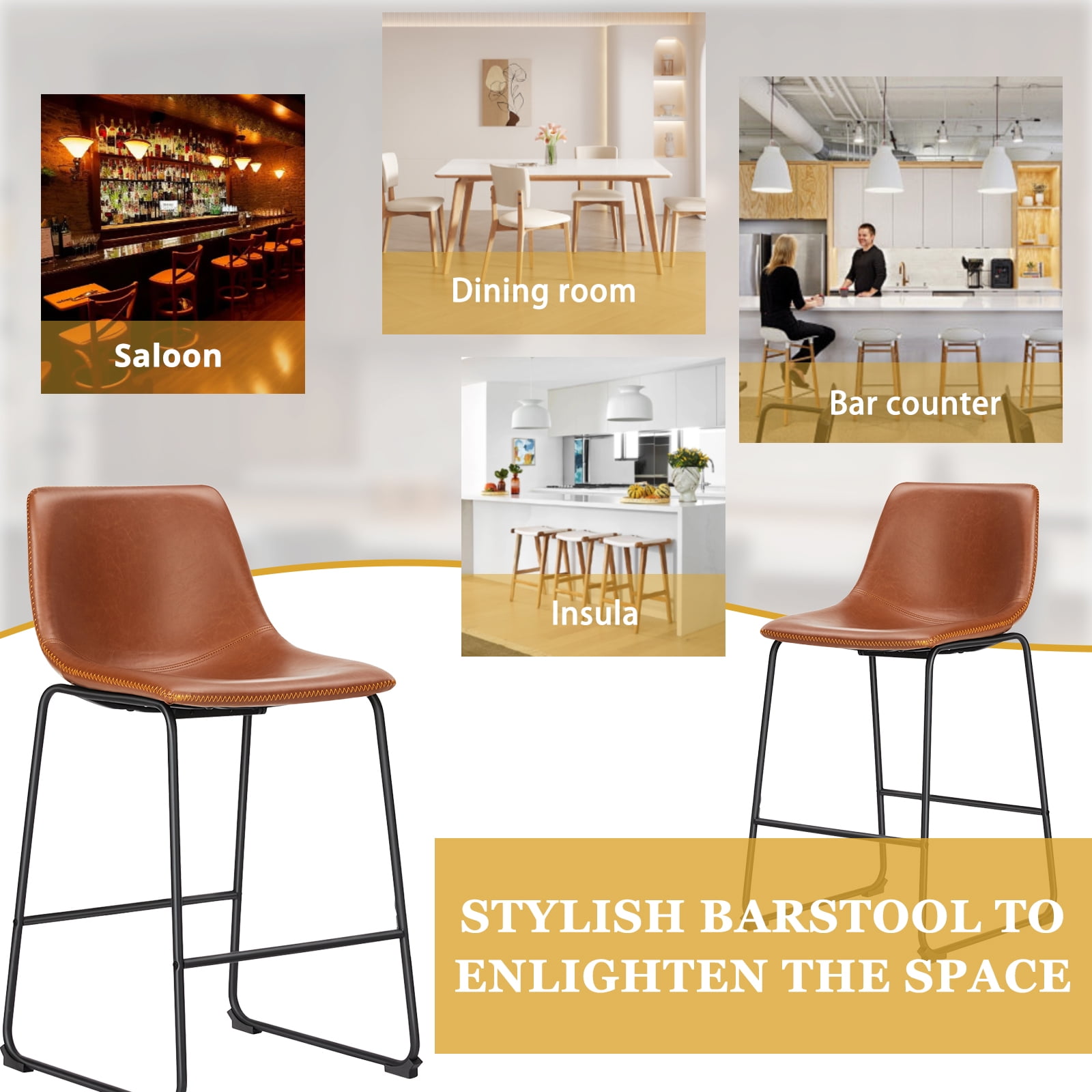 4-Pack Counter Height Bar Stools, Faux Leather Barstools with Back, 26 inch Seat Height Island Stools Countertop Brown Bar Chairs with Metal Legs